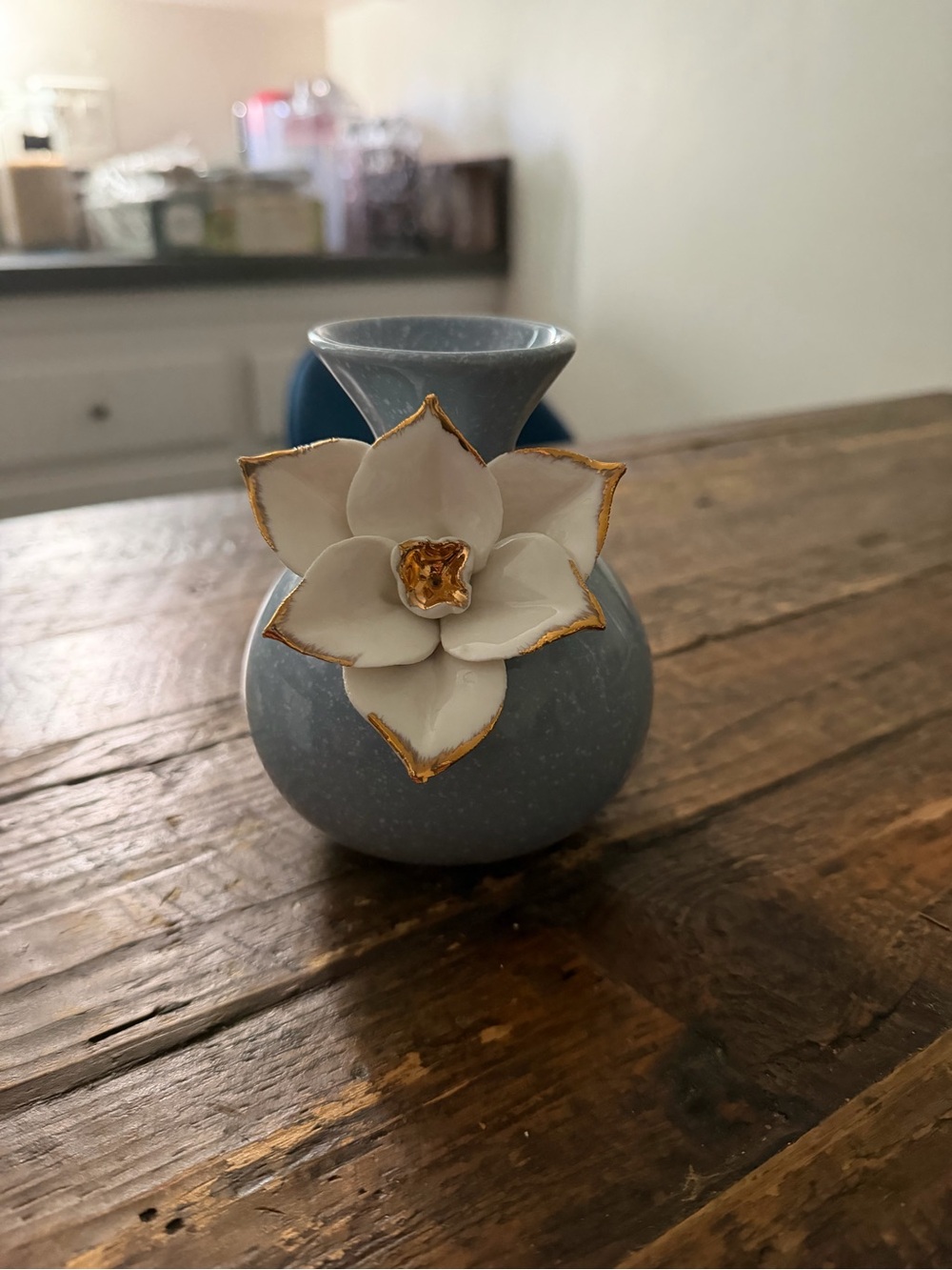Anthropologie Powder Blue Bud Vase with White & Gold Floral Accent